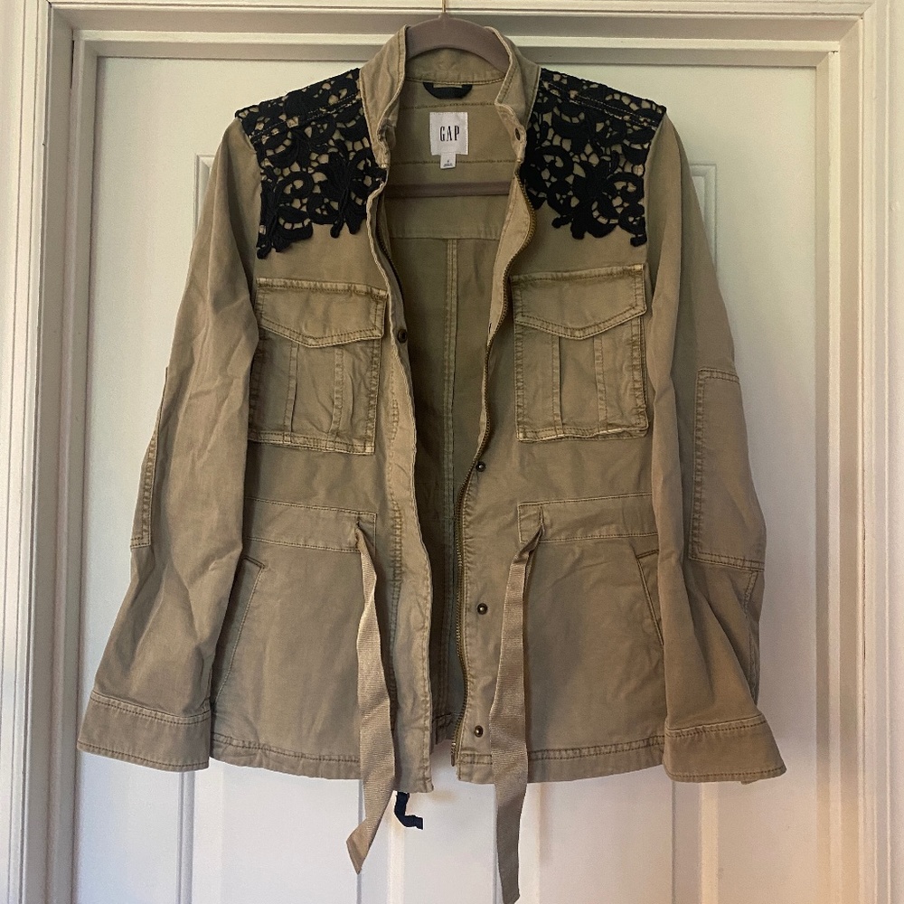 Gap S Khaki Long Sleeved Utility Jacket with Blue Lace